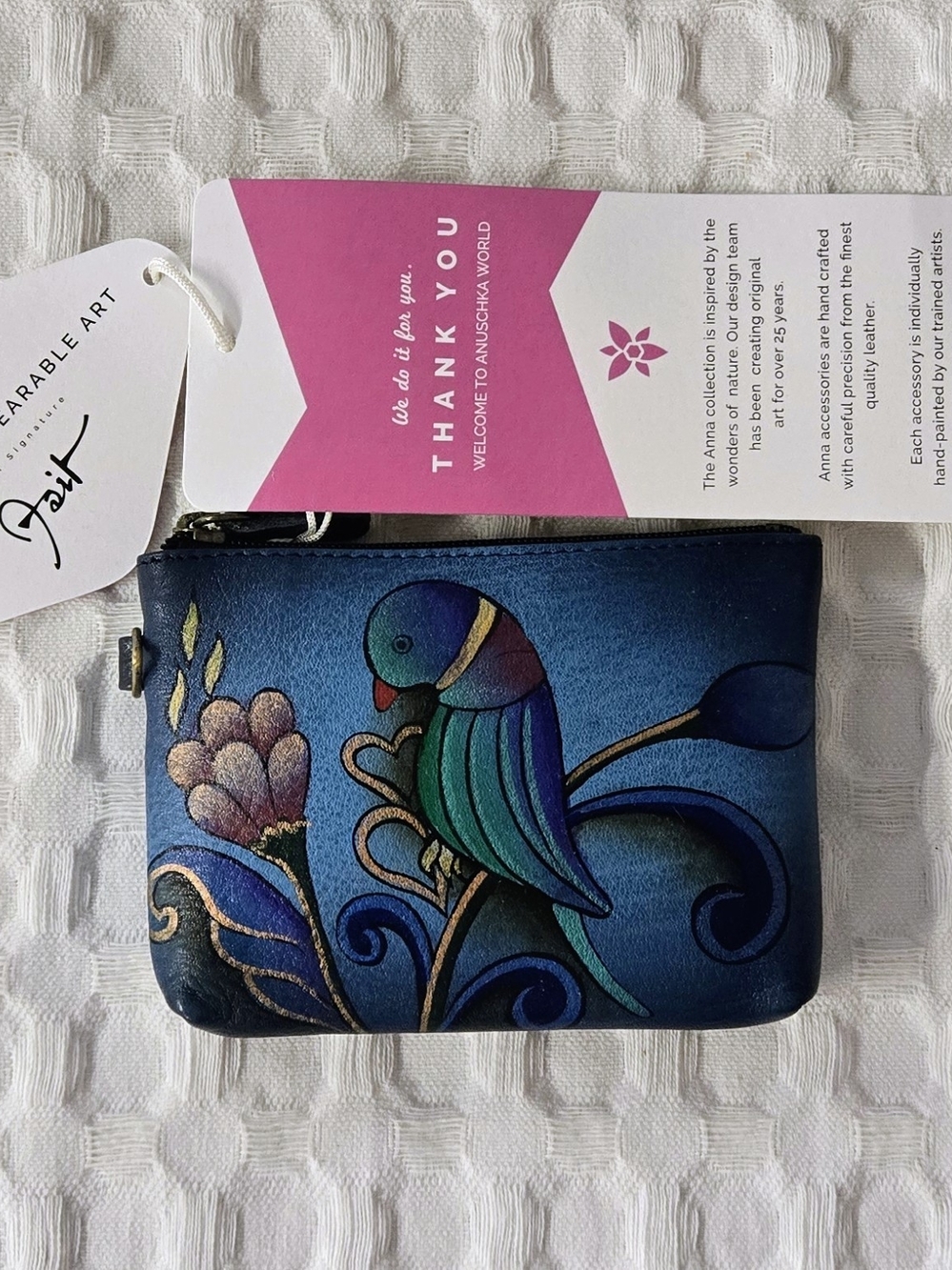 Anuschka Hand-Painted Blue Teal Bird Leather Coin Purse